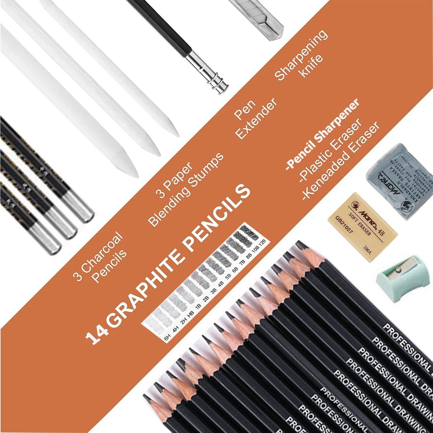Drawing Pencils, Sketching Pencils with Graphite ,Charcoal Pencils and Blending Stumps