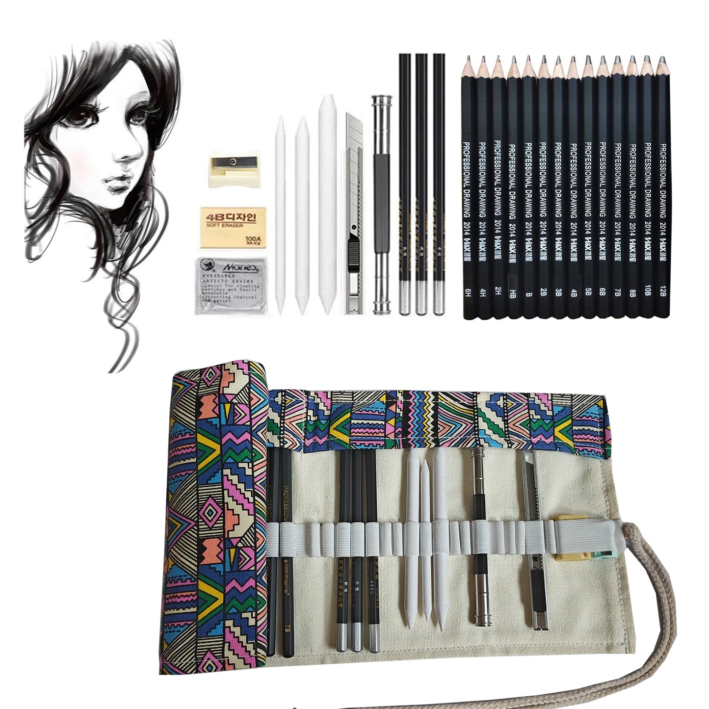 Drawing Pencils, Sketching Pencils with Graphite ,Charcoal Pencils and Blending Stumps