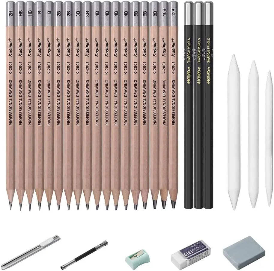 Drawing Pencils, Sketching Pencils with Graphite ,Charcoal Pencils and Blending Stumps
