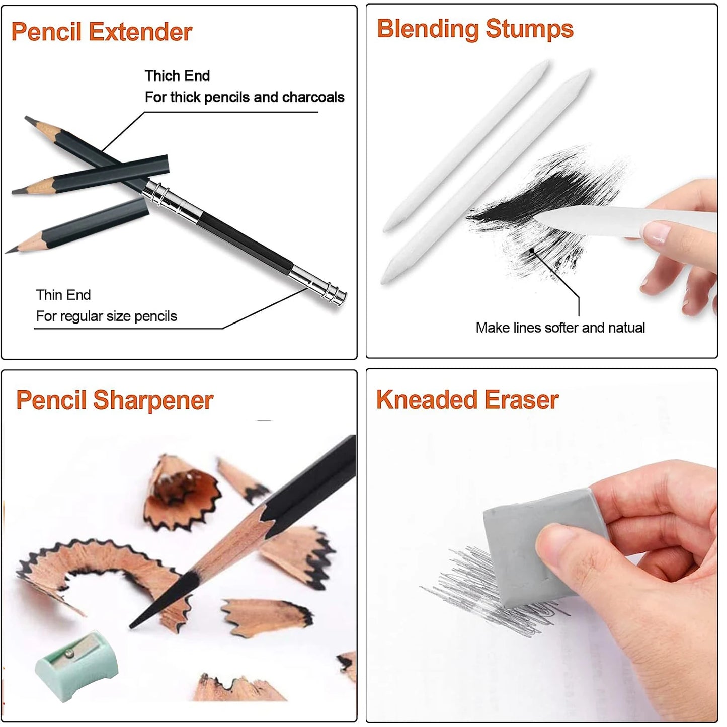 Drawing Pencils, Sketching Pencils with Graphite ,Charcoal Pencils and Blending Stumps