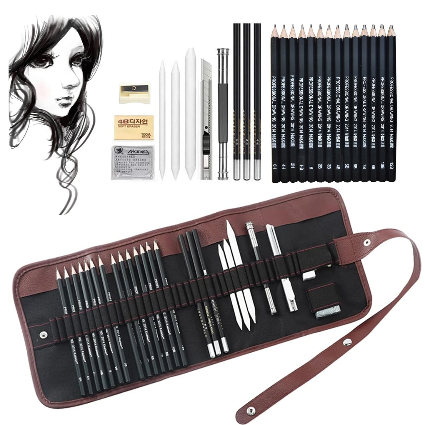 Drawing Pencils, Sketching Pencils with Graphite ,Charcoal Pencils and Blending Stumps